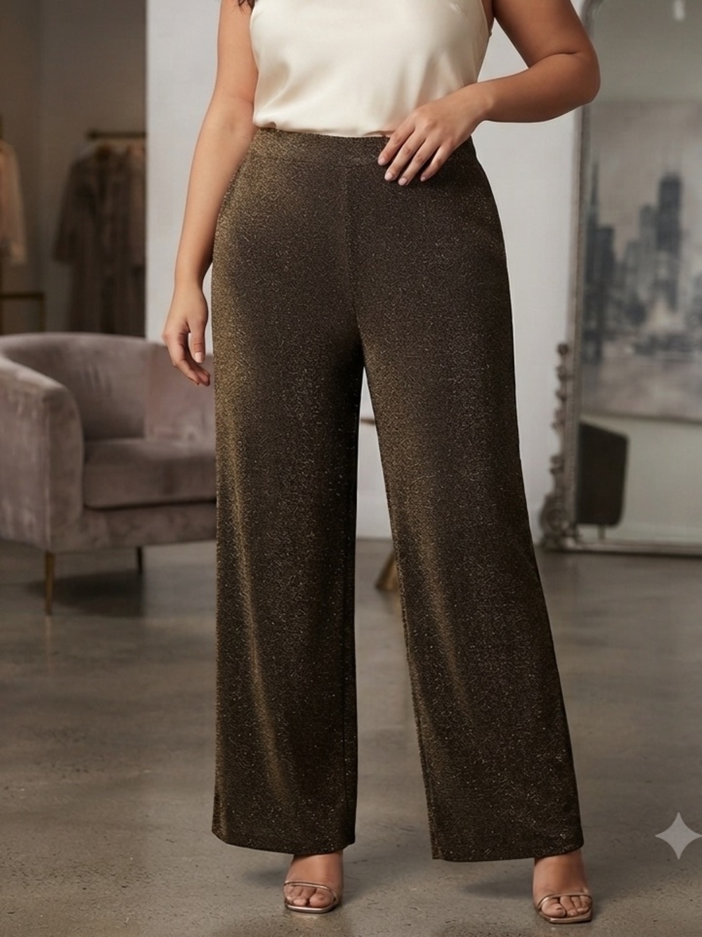 Take 50% OFF-Halston Shimmery Black Wide-Leg Pants, Size-XL